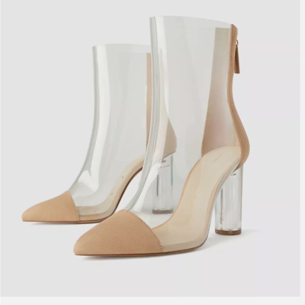 Zara Natural Beige Heeled Transparent Vinyl Ankle Boots